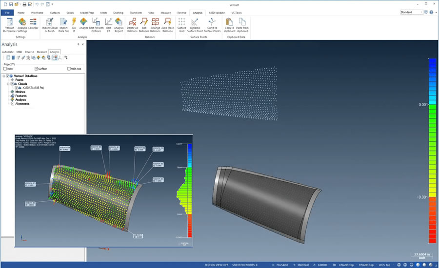 VERISURF Software ANALYSIS, Simplifica la inspección de piezas mediante la comparación de puntos medidos y Comprueba las características de la pieza, como la posición y el perfil, de forma rápida y sencilla mediante diversas técnicas de alineación, análisis e informes.