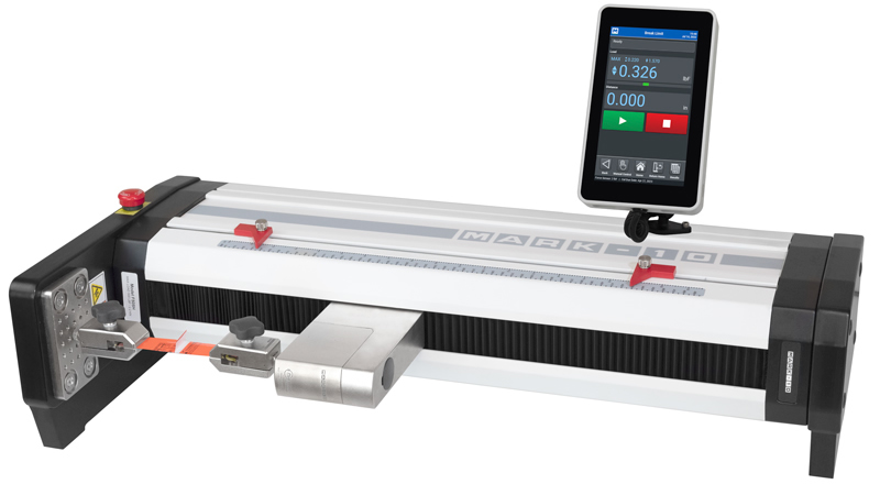 Banco prueba motorizado F505H horizontal, Marco de prueba motorizado horizontal F505H-EM de 500 lbF con EasyMESUR®. Ideal para ensayos de tensión y compresión de alta velocidad en laboratorio y producción.